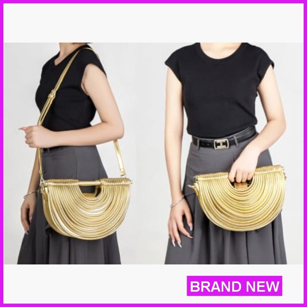 Gold Evening Clutch Crossbody Bag Top Handle Satchel PU Leather Elegant - Picture 2 of 7